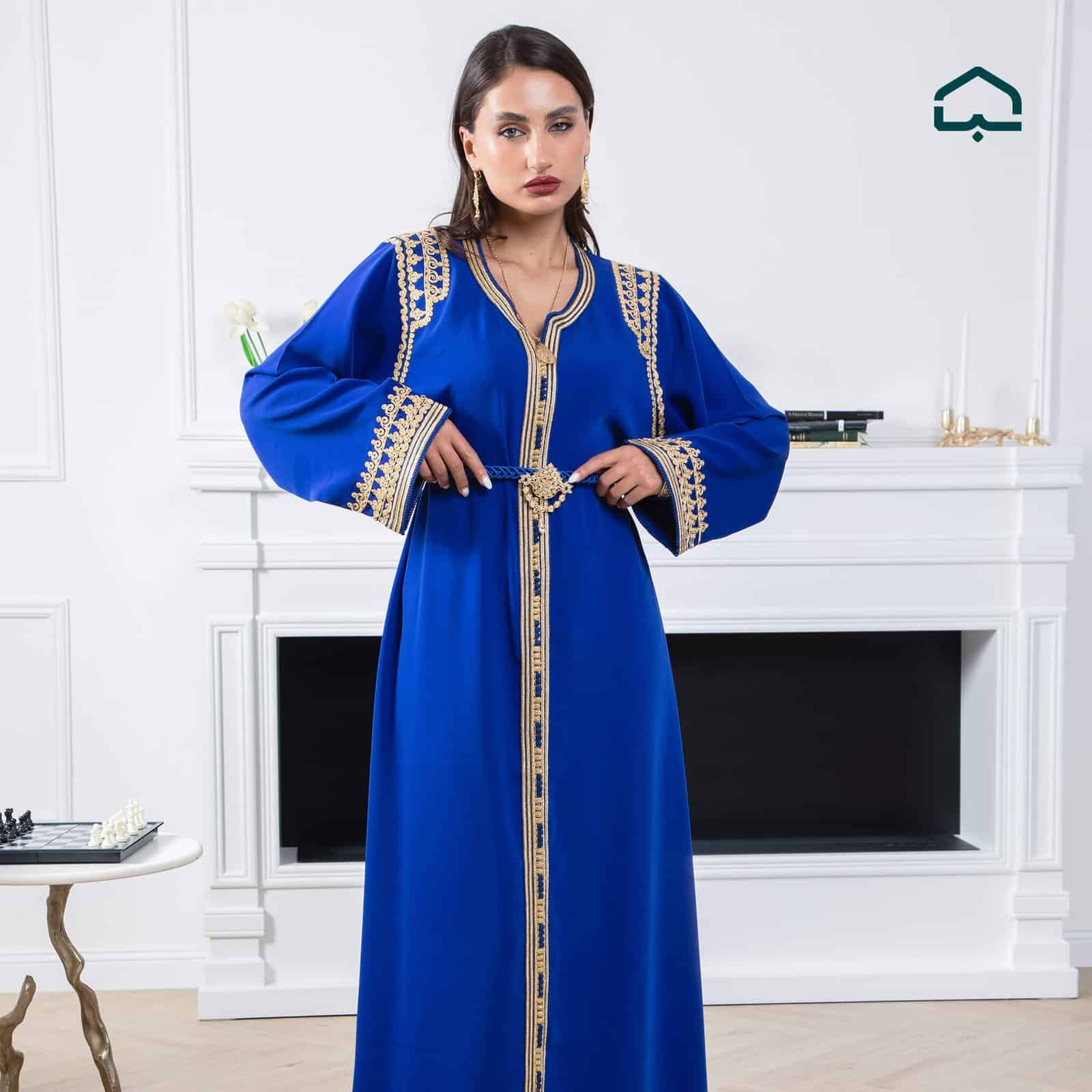 Royal Blue Crêpe Caftan with Golden Embroidery