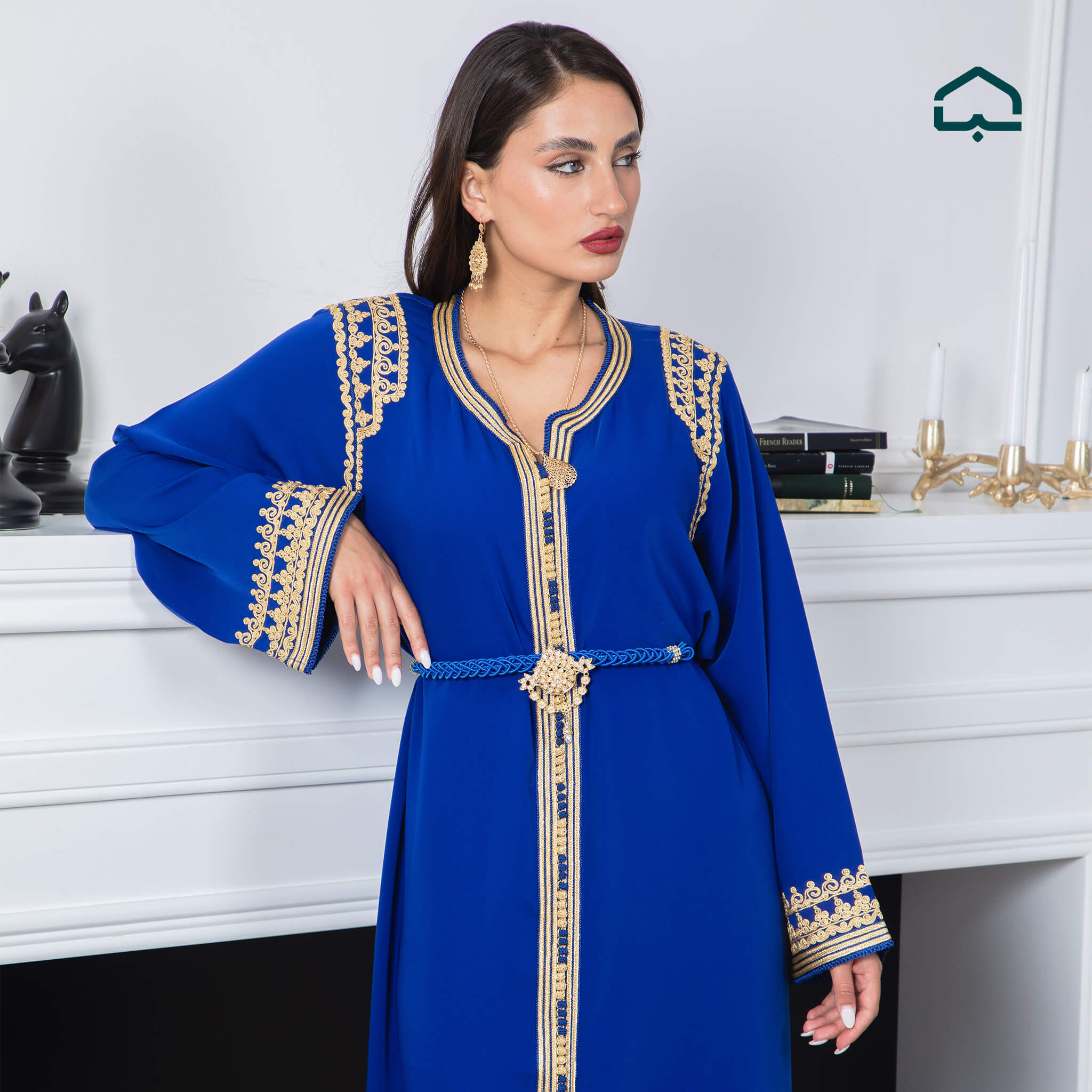 Royal Blue Crêpe Caftan with Golden Embroidery - Image 6