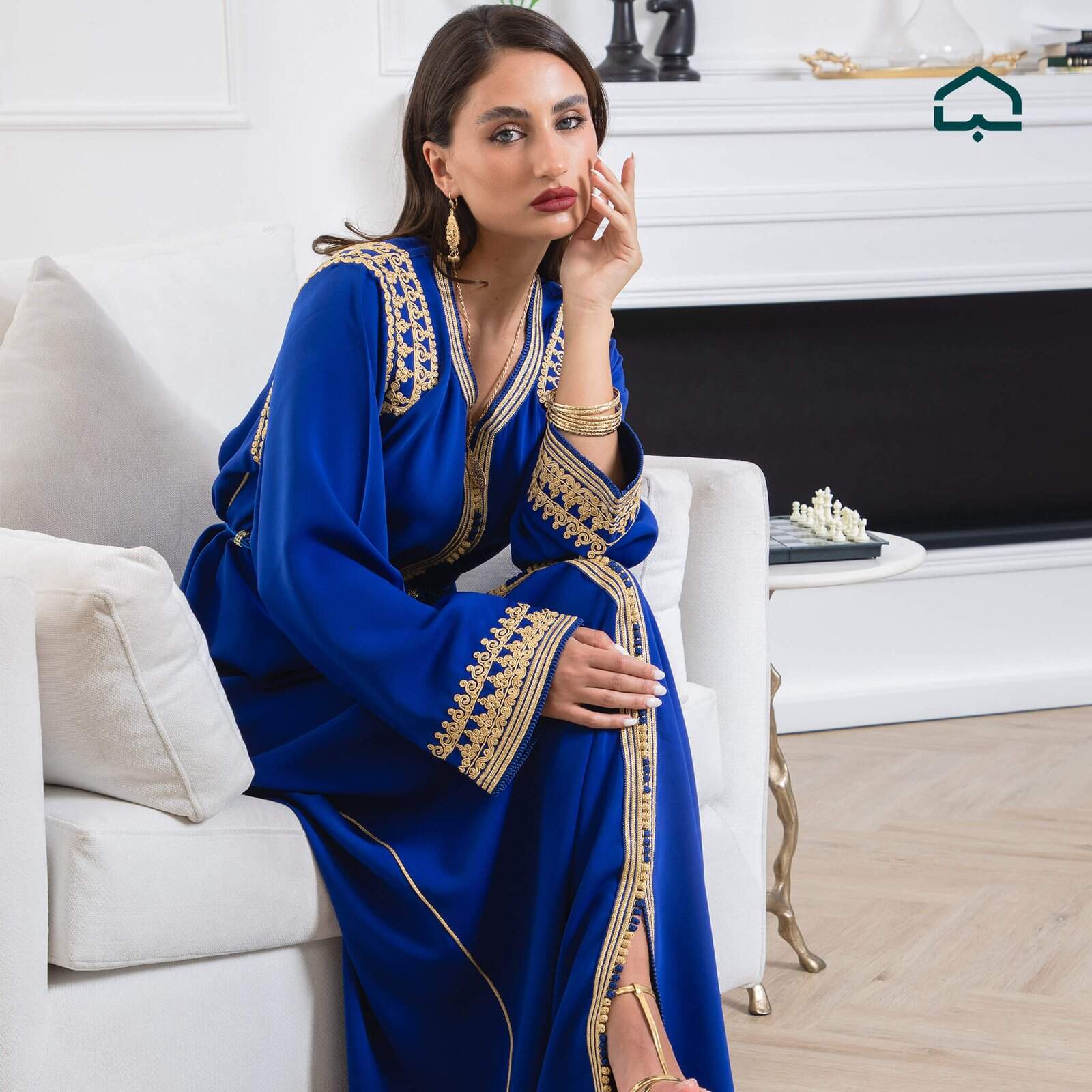Royal Blue Crêpe Caftan with Golden Embroidery - Image 4