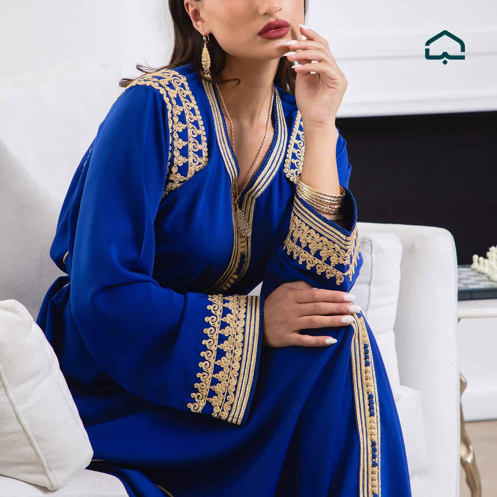 Royal Blue Crêpe Caftan with Golden Embroidery - Image 3