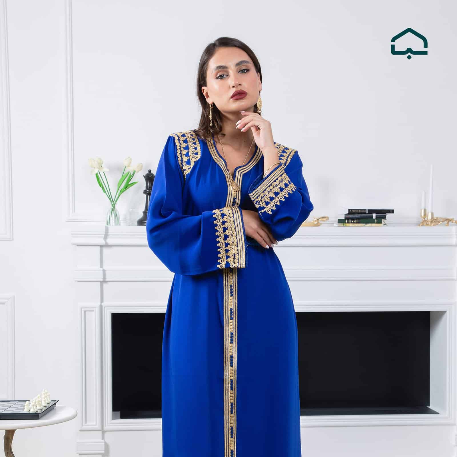 Royal Blue Crêpe Caftan with Golden Embroidery - Image 2