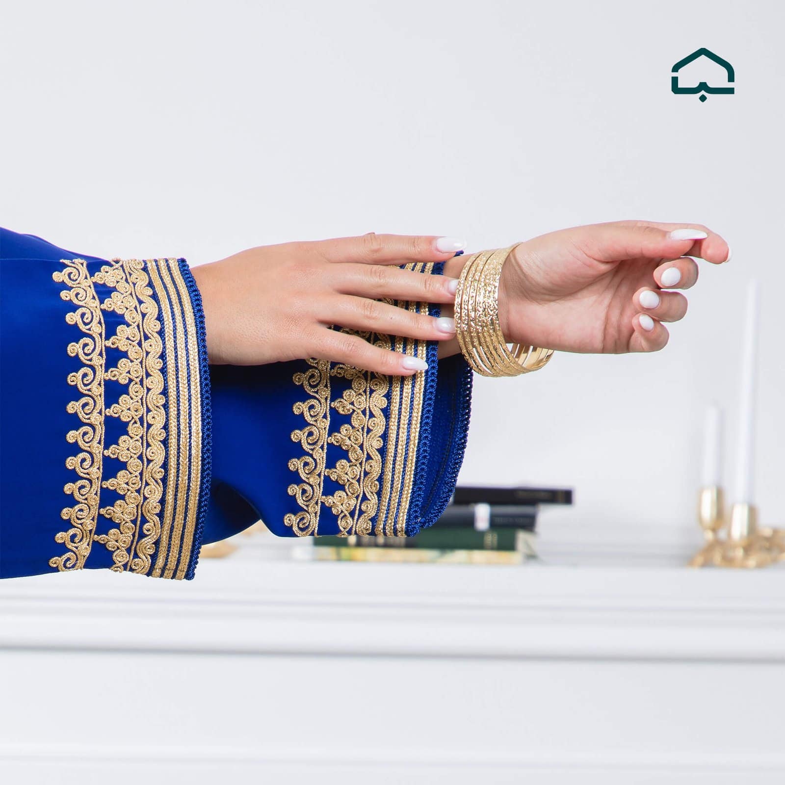 Royal Blue Crêpe Caftan with Golden Embroidery - Image 5