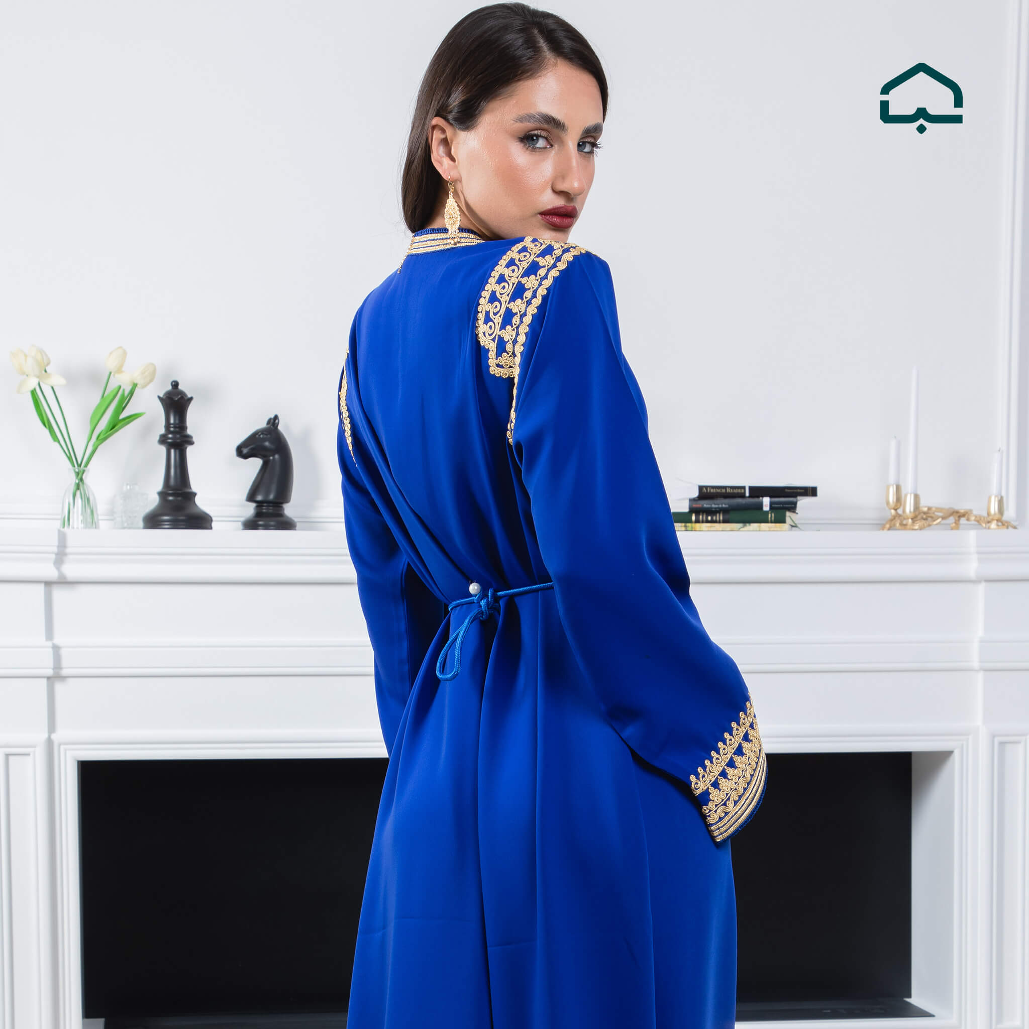 Royal Blue Crêpe Caftan with Golden Embroidery - Image 7