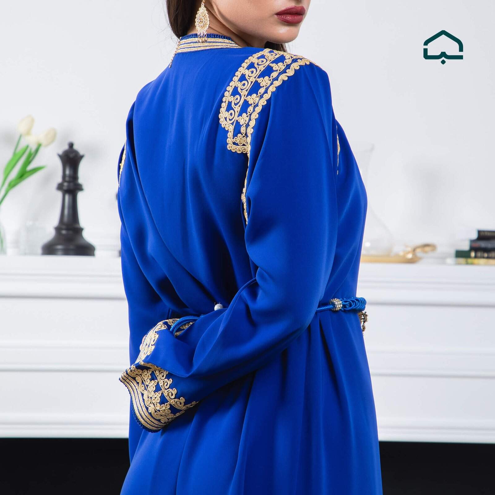 Royal Blue Crêpe Caftan with Golden Embroidery - Image 8